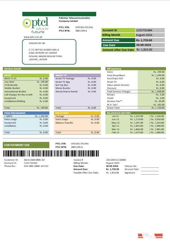 Pakistan PTCL business utility bill template in Word and PDF formats